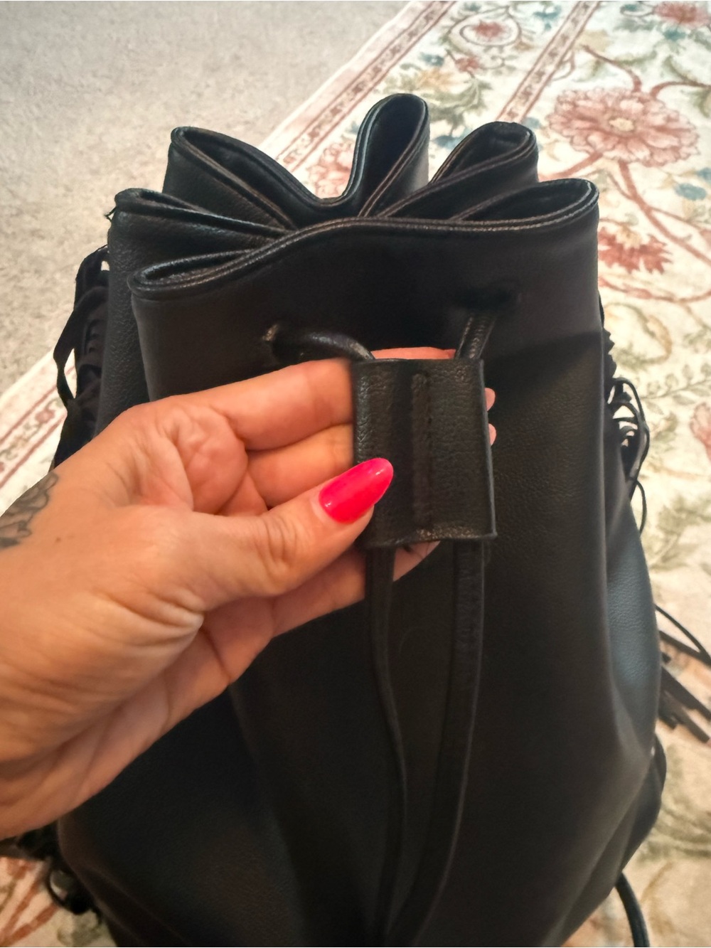 Victoria's Secret Black Fringe Drawstring Backpack NWOT - Picture 4 of 5